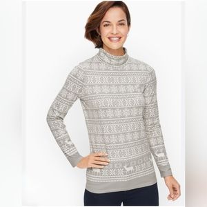 TALBOTS TSHIRT LONG SLEEVE TURTLENECK REINDEER FAIR ISLE SIZE MEDIUM LIGHT GRAY